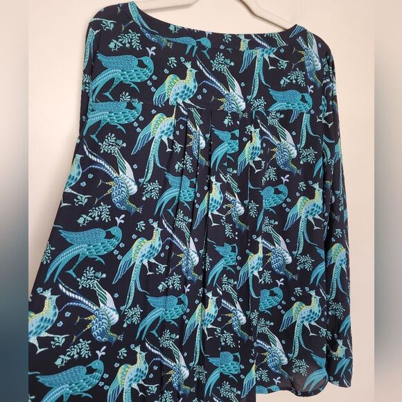LOFT Snowbird Peacock Print Blouse Novelty Pleated Back Career Office Medium - Picture 10 of 13